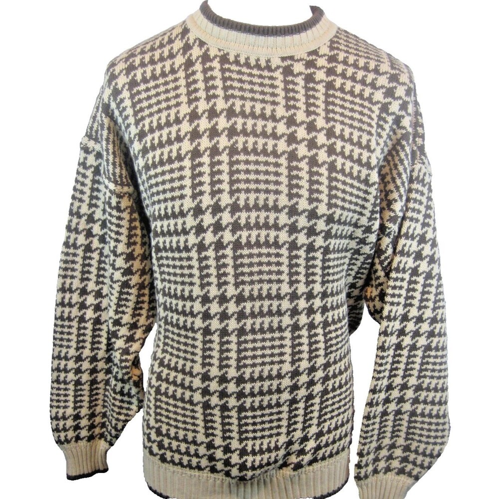 Mens Vntg Gant Brown/Tan Check Bulky Knit Cotton CrewNeck Pullover Sweater sz XL
